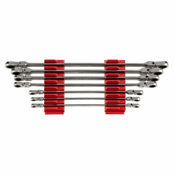 Long Flex Head 12-Point Ratcheting Box End Wrench Set w/ Modular Wrench Organizer, 7-Piece (6-19 mm), Tekton, Mfr#: WRB96301